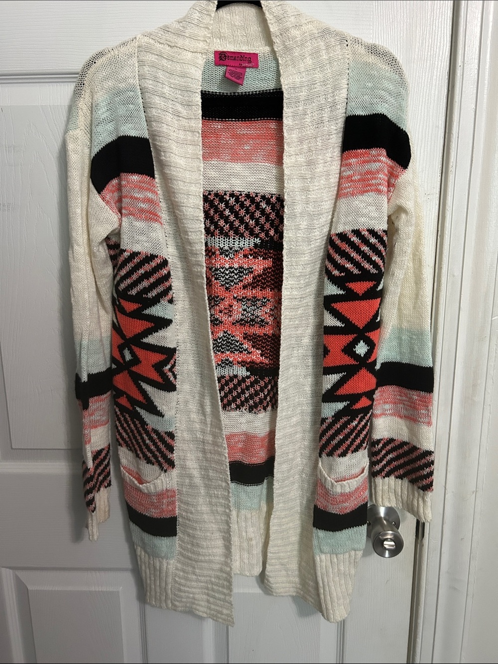 Xhilaration Cream Aztec Open-Front Cardigan with Coral & Black Pattern